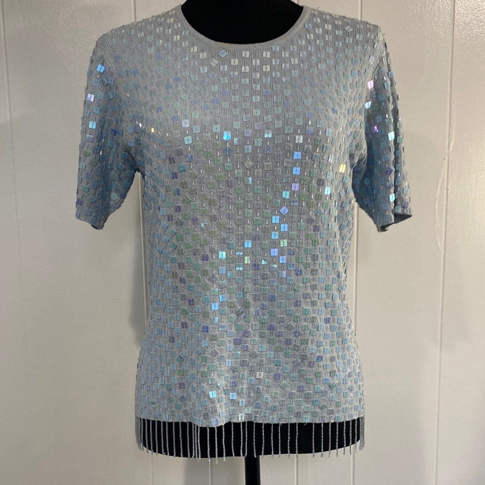 Vintage Sequin Beaded Fringe Top 90s Chetta B Evening Iridescent Glam Medium